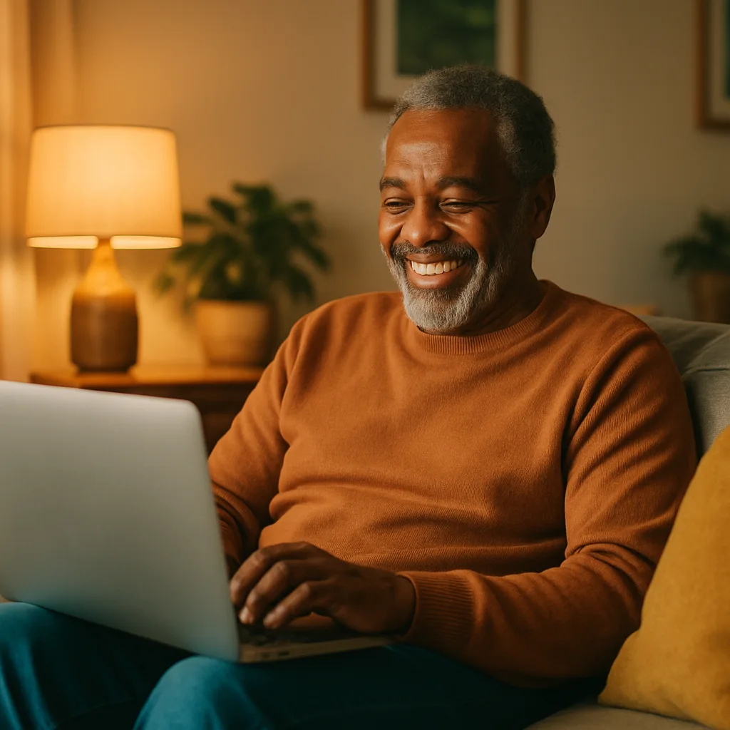 Cheerful man relaxing at home using a laptop — free dating site