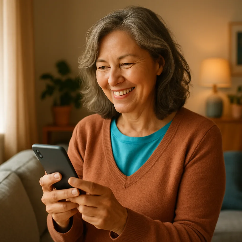 Smiling woman confidently checking her phone — verified profiles on The Derbyshire Dating Site